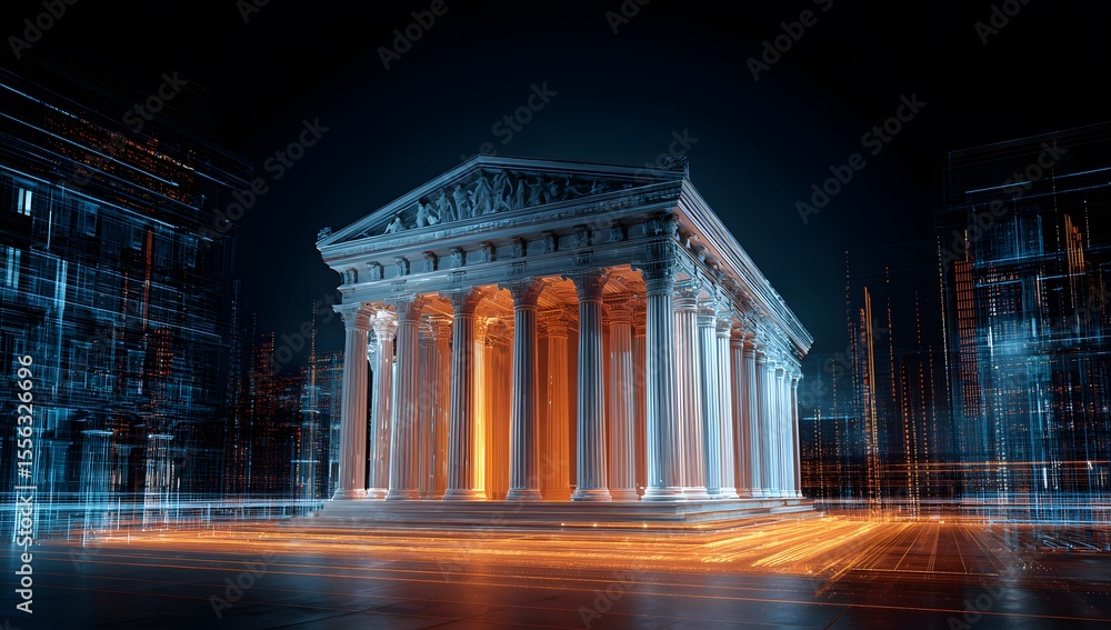 Poster 3d rendering of an ancient bank building with glowing blue and orange lights in the background, surr