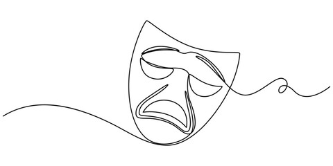 Greek mask Continuous one line drawing - Single line vector illustration, Greek mask one line drawing, opera event symbols continuous hand drawn, mask one line vector. Editable stroke, theater humor
