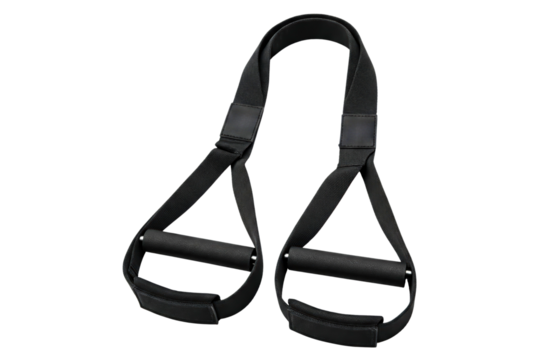 Pair of black fitness suspension trainer straps with handles isolated on a transparent background