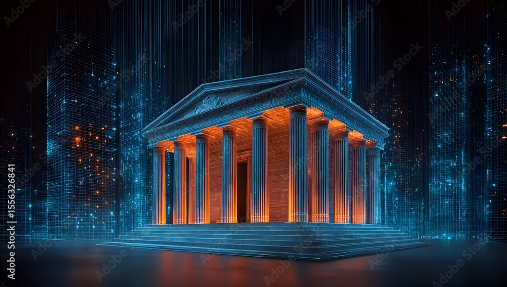 Poster 3d rendering of an ancient bank building with glowing blue and orange lights in the background, surr