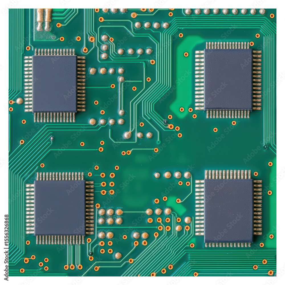Poster close-up of electronic circuit board with microchips and traces, isolated on transparent background.