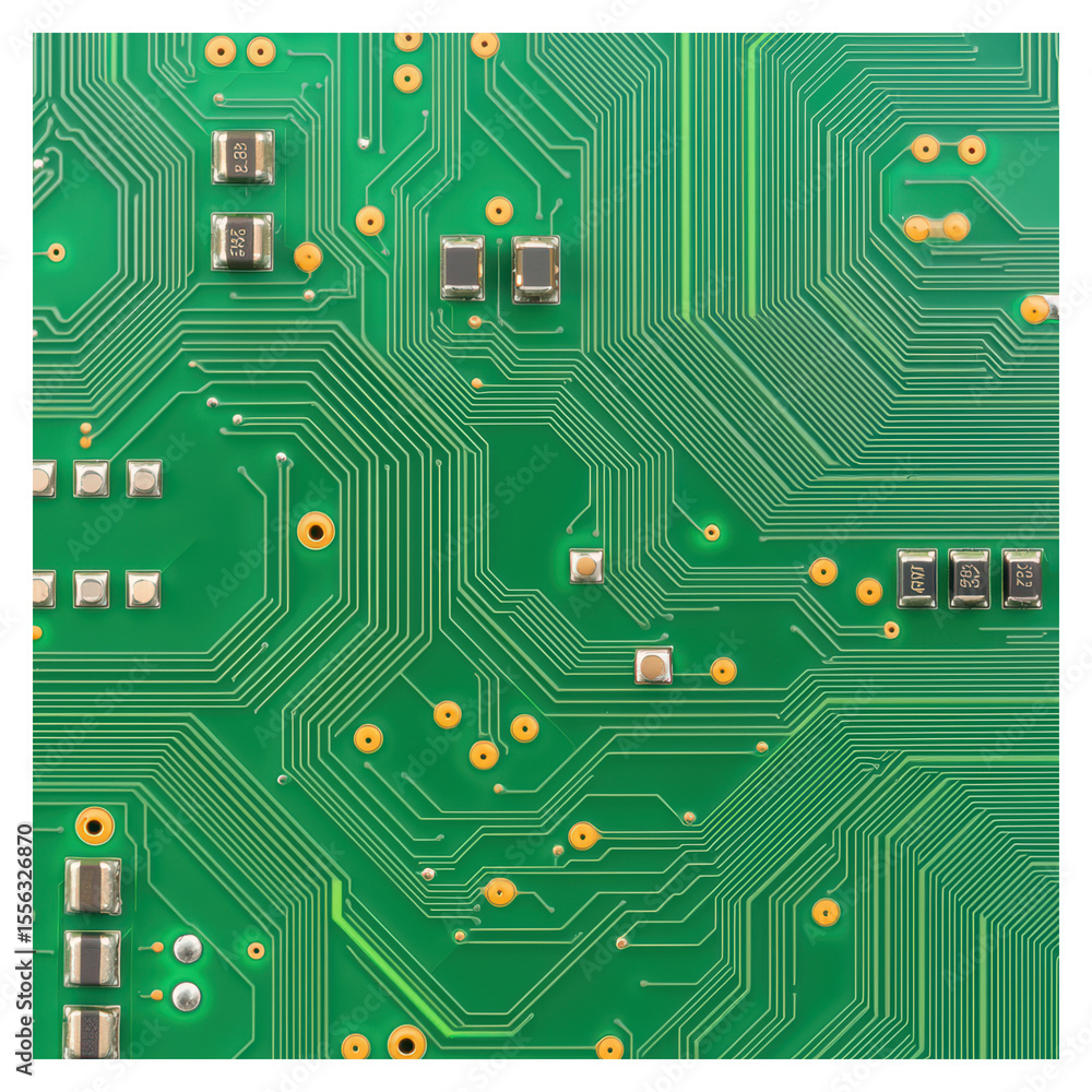 Poster close-up view of green circuit board with electronic components and traces, isolated on transparent 