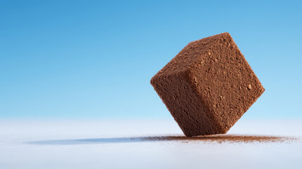 Chocolate cube with cocoa powder on reflective surface against blue sky background, evoking rich and indulgent feeling