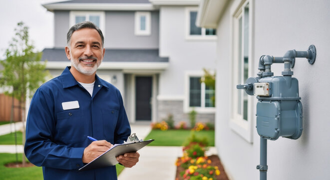 Smiling technician performing home gas meter inspection. Natural gas utility worker checking residential meter and filling notes on clipboard.