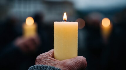 Candlelit vigil at dusk in a park honoring community members lost to violence and ensuring their memories live on. Patriot Day