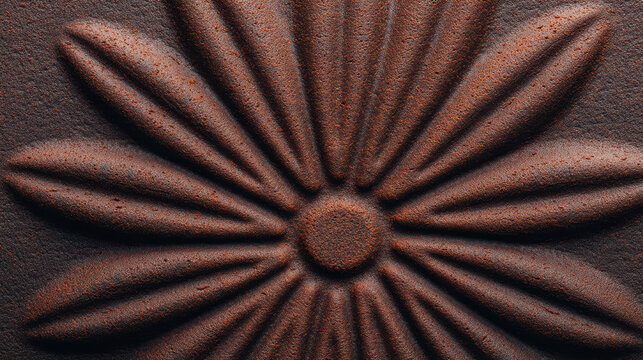 Rusty metal surface with embossed flower pattern showing textured grain and natural weathering