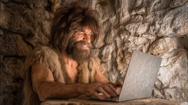 A prehistoric caveman neanderthal uses a laptop computer to access the  internet in his stone age living room