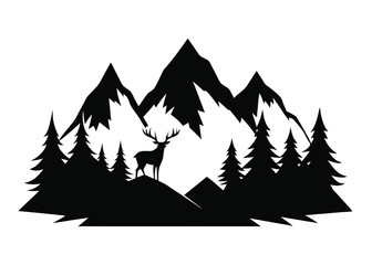 Obraz premium Silhouetted Deer and Trees Against Majestic Mountain Scenery in Black and White
