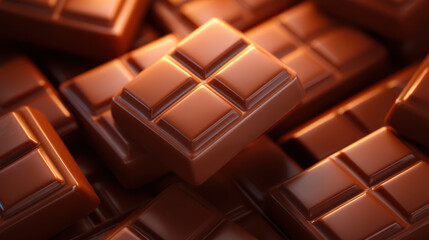 Close up of stacked chocolate cubes with smooth surface and warm highlight creating rich and inviting texture