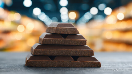 Obraz premium Dark chocolate squares stacked in pyramid shape on wooden surface with blurred warm bokeh background creating cozy mood