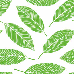 Obraz premium Seamless Tropical Leaf Pattern Vector - Green Banana Leaves Background Illustration
