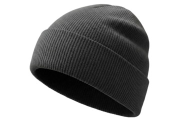 Simple classic black ribbed knit beanie hat for cold weather isolated on a transparent background