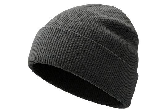 Simple classic black ribbed knit beanie hat for cold weather isolated on a transparent background