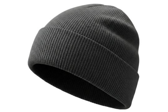 Simple classic black ribbed knit beanie hat for cold weather isolated on a transparent background