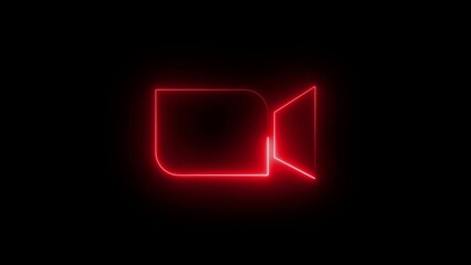 Red Neon Video Camera Icon on Black Background glowing