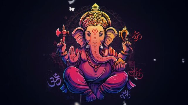 Colorful Ganesha Illustration - A vibrant illustration of Lord Ganesha, the Hindu elephant god, sits in a meditative pose, surrounded by sacred symbols and geometric patterns.