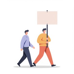 Two men walk together with one holding a blank signboard in a clean and simple vector style design