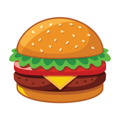 Cartoon burger  vector illustration. Stylized cartoon illustration of a classic cheeseburger with lettuce tomato and sesame seed bun.