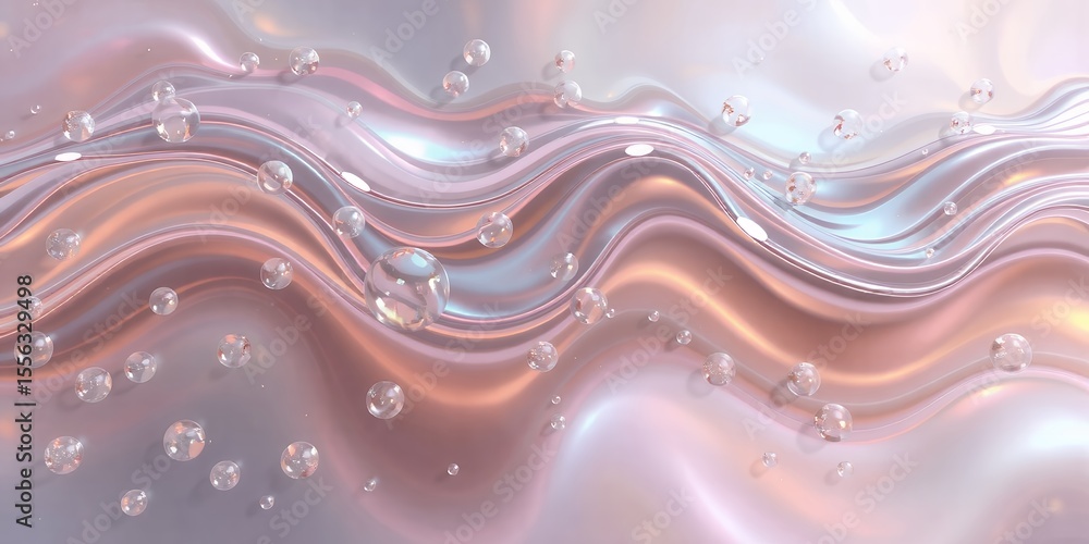 Poster iridescent surface with flowing waves and scattered transparent spheres creating a dreamy effect