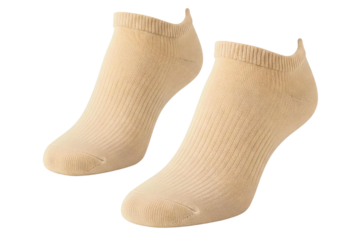 Pair of comfortable beige ribbed ankle socks isolated on a transparent background