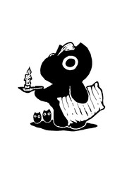 Sleepy black cat with pillow and candle, watched by kittens