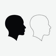 Minimal black and white human head side profiles. One solid silhouette and one outlined head. Symbolic, graphic, and modern vector design on white background.