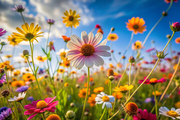 Low angle macro photo of wildflowers with shallow depth of field generative AI