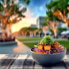 Bowl of colorful salad, outdoor setting