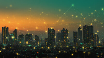 Fototapeta premium Smart digital city with connection cyber security network reciprocity over the cityscape . future smart wireless digital city and social media networking systems that connects people within the city