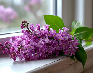 a branch of lilac on the windowsill