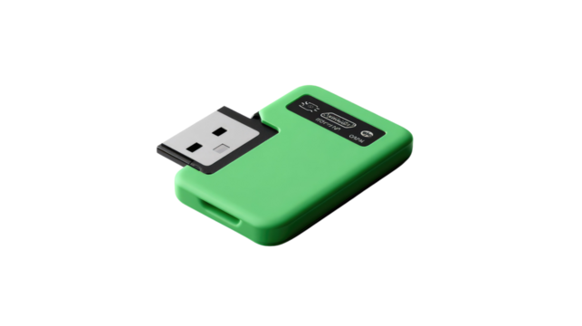 USB drive, tech and Innovation: A modern and sleek, light green USB drive sits with its silver connector, ready to connect, save, and transfer digital data.