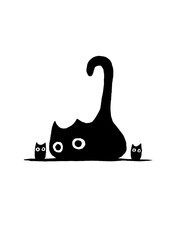 Cute black cat peeking with two small kittens beside it