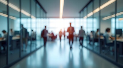 Blurred Office Scene People Walking in Modern Workspace with Glass Walls Corporate Environment Business Activity Vector Illustration