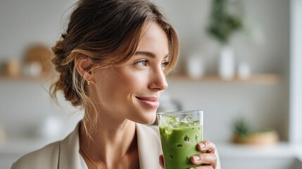 Smiling Woman Enjoys Iced Matcha Latte in Modern Kitchen