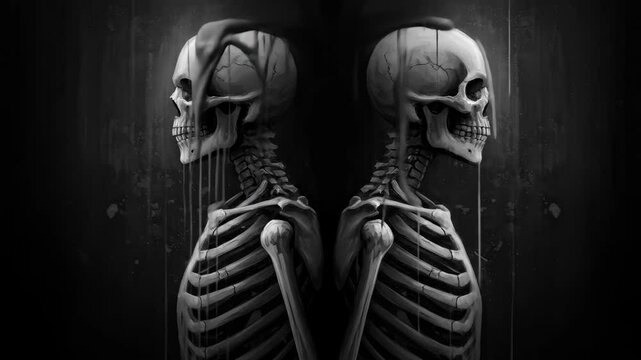 Two Skeletons Back to Back in Dark Rain - A digital painting depicts two skeletons, mirror video of each other, standing back-to-back against a dark background with streaks resembling rain or tears.