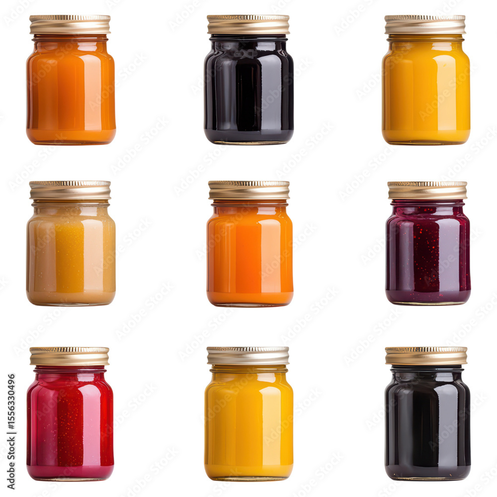 Poster colorful jars of jam and jelly with lids displayed in a grid format, isolated on transparent backgro