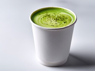 Delicious Hot Matcha Latte in a Paper Cup on a Plain Background
