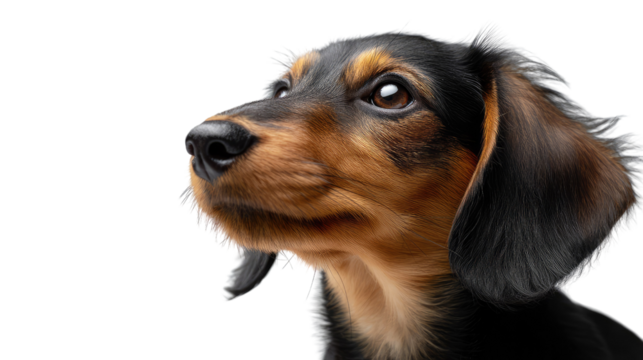 Playful Dachshund Puppy Portrait: A captivating close-up showcases the expressive face of a young dachshund puppy, with its signature long ears and a curious, endearing gaze, against a crisp backdrop.