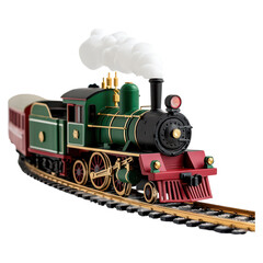 Vintage steam locomotive with green and gold accents on a railway track, isolated on transparent background.