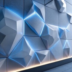 Abstract geometric wall paneling with blue accents