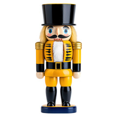 Fototapeta premium Colorful Nutcracker Figurine with Black Hat and Yellow Uniform for Decor, isolated on transparent background.