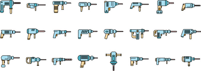 Rotary hammer drilling machine icons set, hammering and drilling equipment collection
