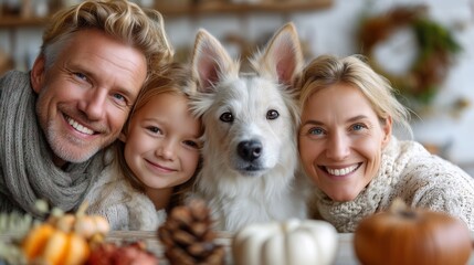 Family celebration with dog cozy home autumn vibes indoor setting warm atmosphere