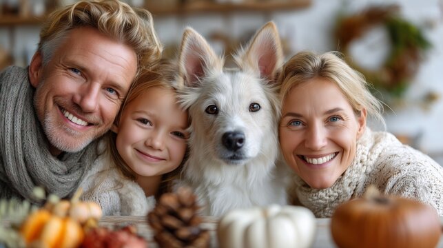 Family celebration with dog cozy home autumn vibes indoor setting warm atmosphere
