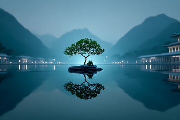 Tranquil scene with a tree and figures on a rock in a lake