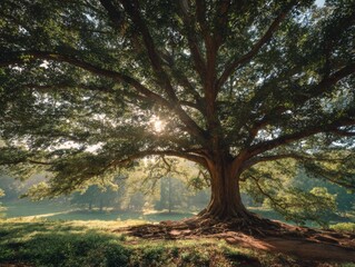 Obraz premium Large oak tree with sunlight filtering through the branches