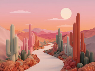 Minimalist desert highway at dusk surrounded by  botanical structures mimicking native cacti, pastel earth tone palette with soft orange, terracotta, and pale olive gradients. 