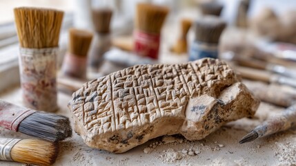 Ancient cuneiform tablet rests among brushes, hinting at meticulous archaeological work.