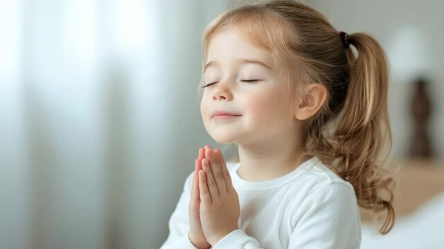 Young girl child kid with light brown hair in ponytail, female praying with hands together, closed eyes, peaceful serene expression, soft natural light, indoor atmosphere, young female in prayer