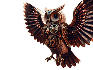A steampunk owl with brass gears.
